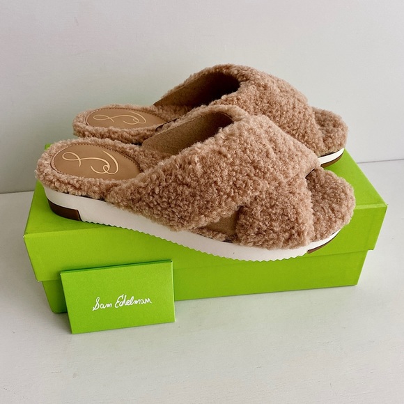 ✨New SAM EDELMAN Alice Faux Fur Slide Sandals Camel Shearling 7.5M - Picture 2 of 8